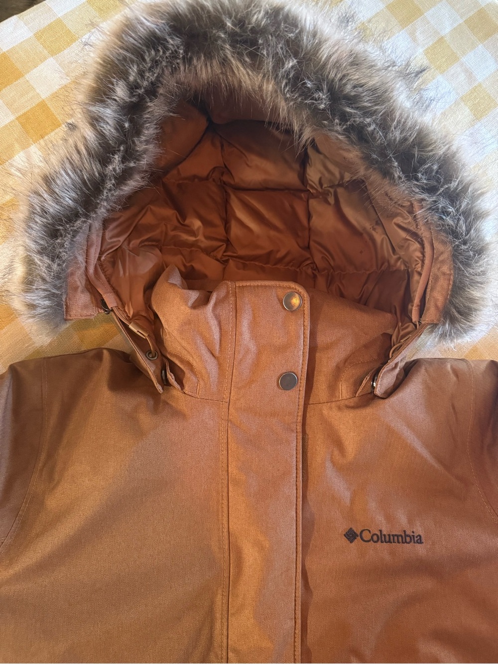 Columbia Copper Brown Puffer Coat with Faux-Fur Trimmed Hood